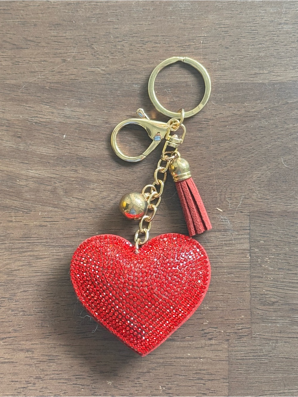 Red Heart Tassel Key & Card Holder Bag Charm with Gold Hardware